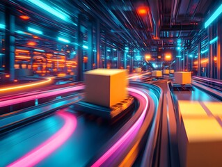 Aufkleber - Vibrant Modern Warehouse with Glowing Conveyor Belt and Boxes