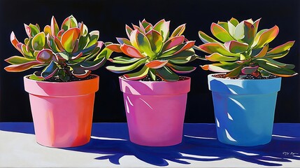 Wall Mural - Three succulents in colorful pots, sunlit, indoor setting, home decor