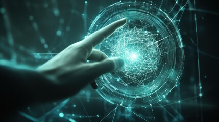 Hand interacts with futuristic orb; network background; tech concept