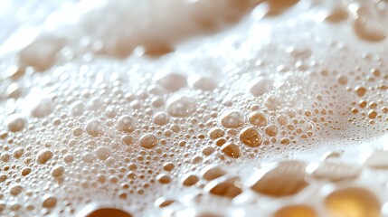 Poster - Macro shot of light brown foam bubbles with soft focus creating abstract pattern. Golden sunlight adds warmth and depth to frothy texture. Suitable for backgrounds.