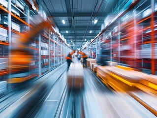 Poster - Motion Blur of Workers in Warehouse with Storage Racks and Boxes