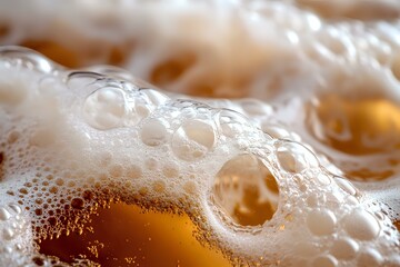 Poster - Extreme close-up of golden beer foam with bubbles and froth texture showing rich amber liquid beneath, creating abstract macro photography pattern.