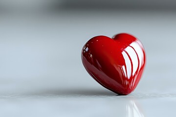 Poster - Glossy red heart shape on light gray background with reflection, romantic symbol of love and affection suitable for Valentine's Day designs and greeting cards.