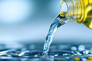 Poster - Pouring liquid stream from glass bottle creates dynamic splash with droplets against blue background, macro photography capturing fluid motion and transparency.
