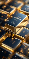 Poster - Gold bars arranged in rows with magical sparkles and bokeh effects creating luxury atmosphere. Concept of wealth, investment and precious metals.