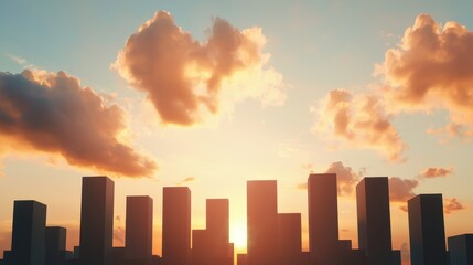 Poster - Urban Skyline Silhouette at Sunset with Colorful Clouds and Golden Light Over Cityscape