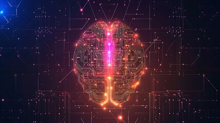 Leinwandbilder - A digital brain composed of circuit patterns and glowing lights, representing artificial intelligence, set against a sleek technological background