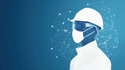 Poster - Professional safety worker in modern protective gear against a blue digital background with network connections