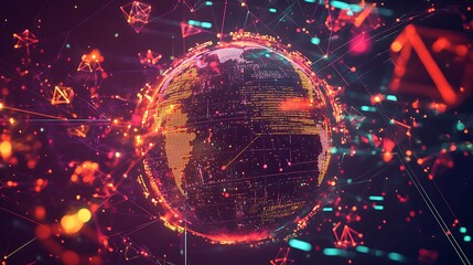 Leinwandbilder - A digital globe surrounded by glowing data streams and floating geometric shapes, representing the interconnectedness of the world