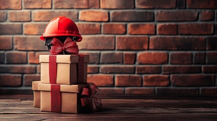 Red Hard Hat Gift on Stacked Boxes, Brick Background, Construction Gift, Construction Gift Ideas, Building Industry Construction Gift, Holiday Gift