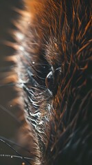 Poster - Macro photography of water droplets on delicate brown feather or fur creating abstract pattern with light reflections and bokeh effect in dark moody atmosphere.