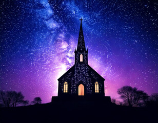 Silhouette of church with galaxy glittery stars night evening milky way sky background holy christian catholic worship pray prayer cathedral christmas easter wallpaper background landscape scenery