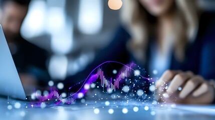 Poster - Young businesswoman working on laptop with glowing purple financial chart overlay, data visualization and market analysis concept for business growth.