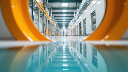 Poster - Modern Industrial Interior with Reflections in Blue Water and Orange Circular Elements