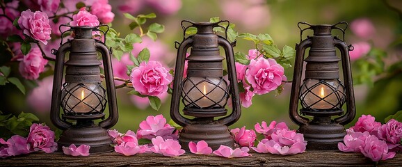 Canvas Print - Three lit lanterns among pink roses in garden. Peaceful scene