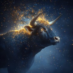 Poster - Bull transformation in mystical cosmos fantasy scene digital art dark environment close-up view abstract concept