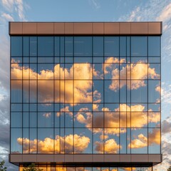 Poster - Sunset reflection in modern building urban landscape architectural vibrant sky exterior view contemporary design