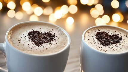 Wall Mural - Two cups of hot chocolate topped with heart-shaped cocoa powder design against blurred golden bokeh lights background, romantic holiday beverage setting.