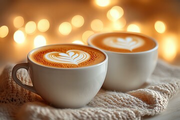 Wall Mural - Two white cups of cappuccino with heart latte art on knitted fabric. Warm bokeh lights create cozy atmosphere for romantic coffee date or cafe ambiance.