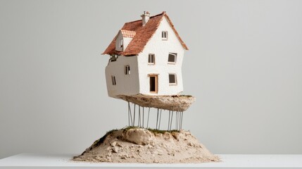 Poster - Creative Concept of a Miniature House Floating on a Rock Base with Supportive Pin Legs Against a Neutral Background