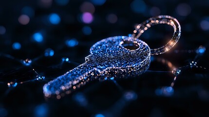 Poster - Glowing key with water drops on dark background illuminated by blue light creating magical atmosphere and bokeh effect for security concepts.