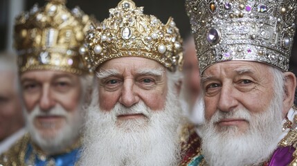 Three patriarchs in ornate crowns, religious procession, close-up