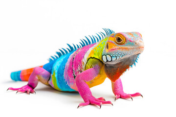 Poster - Rainbow colors reptilian Iguana sitting on white backdrop