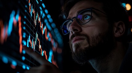 Poster - Trader analyzing stock market data at night, city lights blurred background