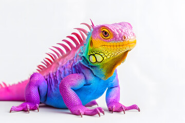 Poster - Rainbow colors reptilian Iguana sitting on white backdrop