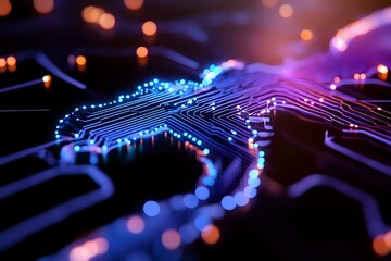 Poster - Glowing blue circuit board paths with orange and purple bokeh lights creating futuristic technology background for business and innovation concepts.