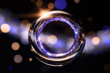 Poster - Glowing purple and blue light ring with bokeh effect on dark background creates magical portal atmosphere, suitable for fantasy or sci-fi designs.