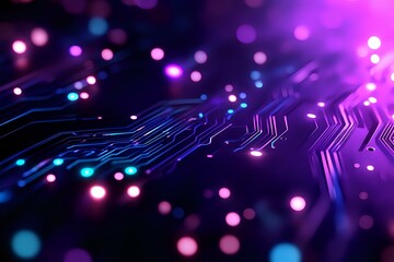 Poster - Circuit board pattern with glowing neon blue lines and purple bokeh lights creating futuristic technology background for digital transformation concepts.