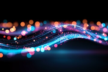 Poster - Glowing blue wave with sparkles and colorful bokeh lights on dark background creates magical atmosphere for festive designs and holiday backgrounds.