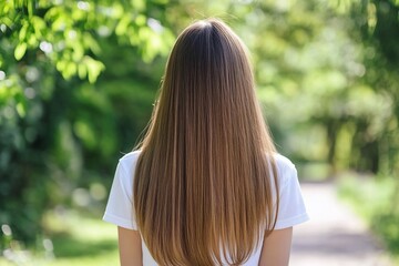 Wall Mural - Woman's long hair, park, summer, green background, haircare ad