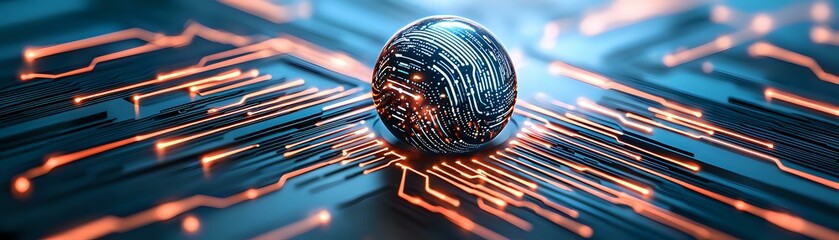 Poster - Glowing sphere on circuit board pattern with orange light trails in futuristic technology concept, digital transformation background for business presentation.