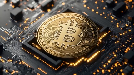 Gold Bitcoin on circuit board; glowing tech background; financial tech concept