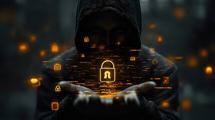 Poster - Hooded figure with glowing digital lock and cybersecurity icons floating in dark atmosphere, representing network protection and data privacy concepts.