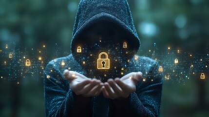 Poster - Mysterious hooded figure holding glowing digital padlock symbols with network connections, representing cybersecurity and data protection in dark atmosphere.
