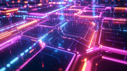 Leinwandbilder - A futuristic digital hexagonal abstract background with glowing lines and vibrant neon colors, intricate geometric patterns, and sharp contrasts, creating a dynamic, tech-inspired atmosphere