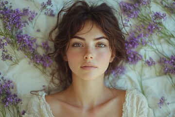 Wall Mural - Soft light illuminates a young woman surrounded by vibrant flowers in a calming indoor space