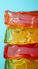 Poster - Abstract colorful glass or plastic blocks stacked in layers with translucent orange, yellow, red and green colors against light blue background, creating modern design.