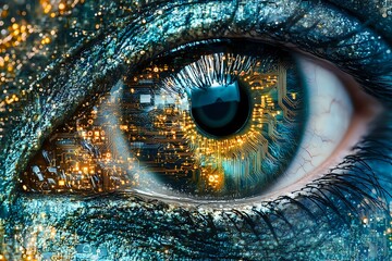 Poster - Macro shot of human eye with digital art elements, glowing golden particles and turquoise cyberpunk details creating futuristic technological vision concept.