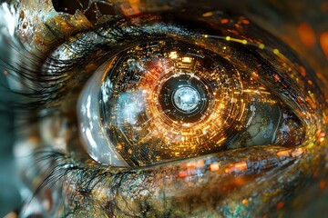 Poster - Futuristic cybernetic eye with glowing digital circles and technological elements, combining organic and mechanical features in golden and blue tones for sci-fi concepts.