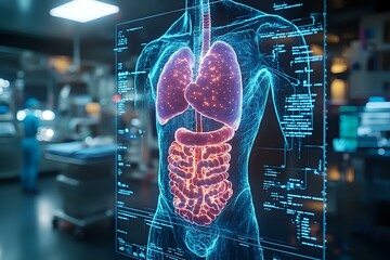 Poster - Digital visualization of human internal organs with glowing lungs and digestive system on futuristic medical display screen showing anatomical data and measurements.