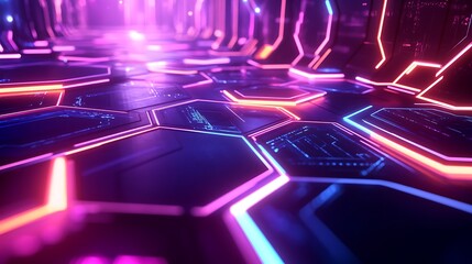 Leinwandbilder - A futuristic digital hexagonal abstract background with glowing lines and vibrant neon colors, intricate geometric patterns, and sharp contrasts, creating a dynamic, tech-inspired atmosphere
