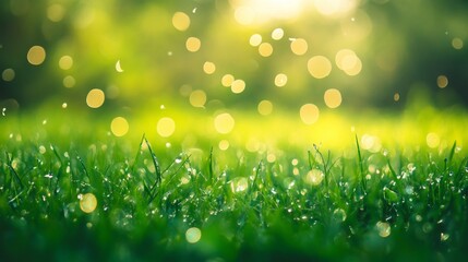 Poster - Glistening bokeh effect lush green grass photography outdoor setting close-up view nature's sparkling beauty