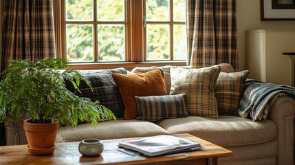 Poster - Sunlight fills the warm living room, highlighting a comfortable couch adorned with plush cushions of various textures and colors, surrounded by greenery and a wooden table