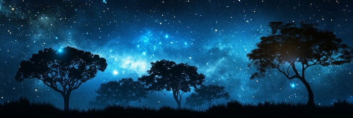 Wall Mural - Starry Night Forest Scene: Dreamy Landscape Under a Glowing Galaxy