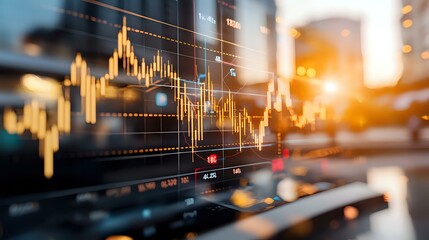 Poster - Financial market data visualization with glowing orange candlestick chart and stock trading graph displayed on digital screen in modern office setting.