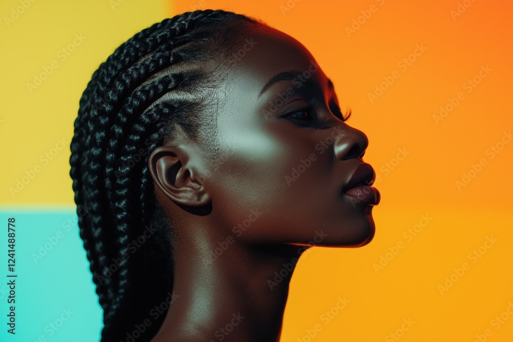 Profile portrait of black woman with braided hair, vibrant colorful ...